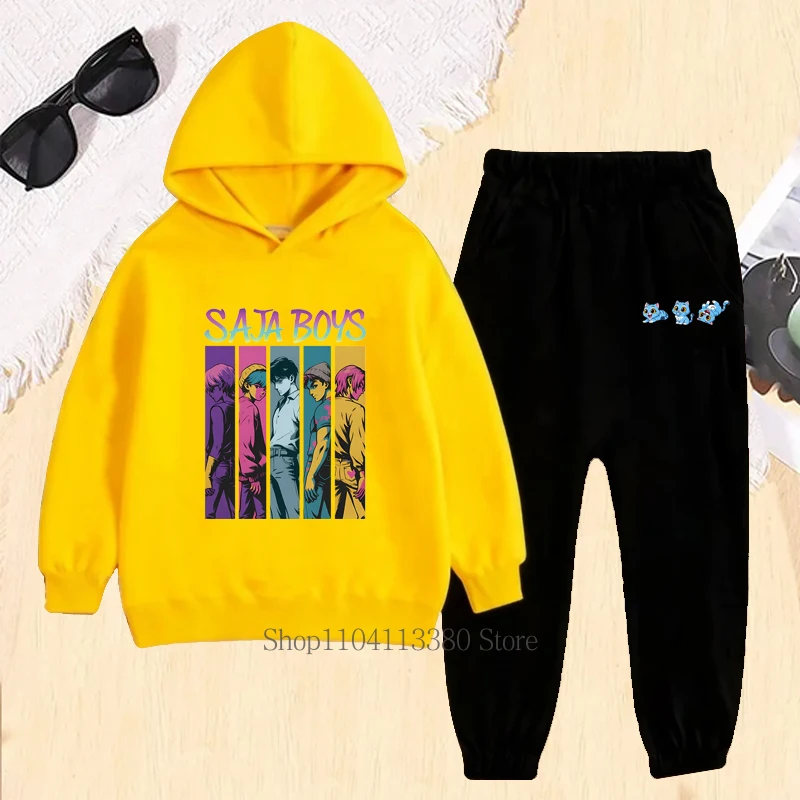 Zestaw dziecięcy z graficznym nadrukiem Saja Boys, jesienno-zimowy, dla dziewczynek i chłopców, casualowy, ciepły, modny, bluzy z kapturem i spodnie, odzież dziecięca z polaru.