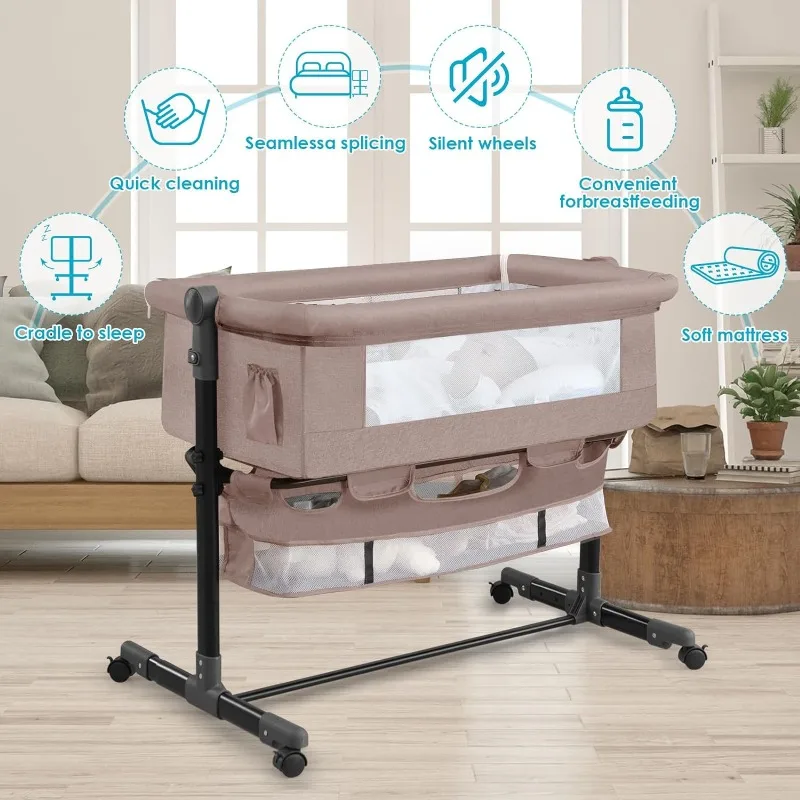 Nursery Bed with Mosquito Net Large Storage Bag Changing Bed Height Adjustable Travel Portable Crib Newborn Baby Boys & Girls