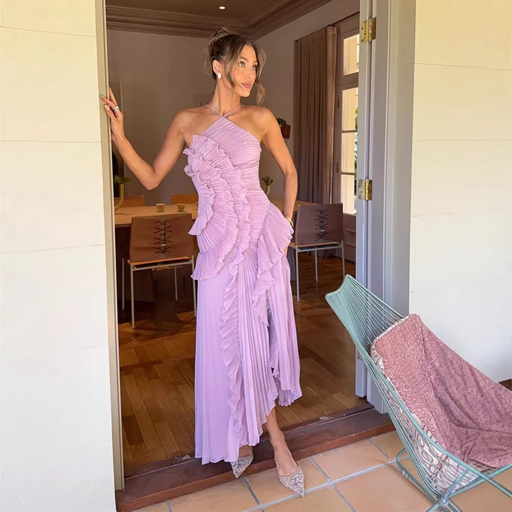 Summer Woman Dress Chiffon Halter Neck Ruffle Dresses Long Waist Cinched Maxi Dress Pleated Ruffle Lilac Color Evening Dress