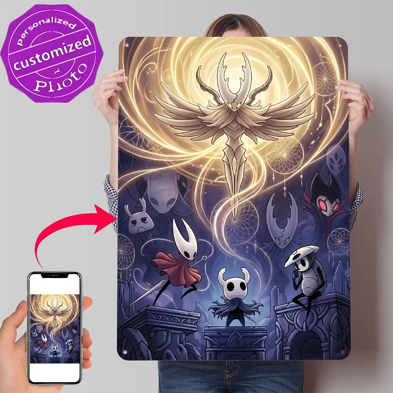 Hollow Knight Charaktere und The Radiance Metallposter, individuelle Wandkunst, Retro-Vintage-Metallschilder für Männerhöhle, Heimdekoration