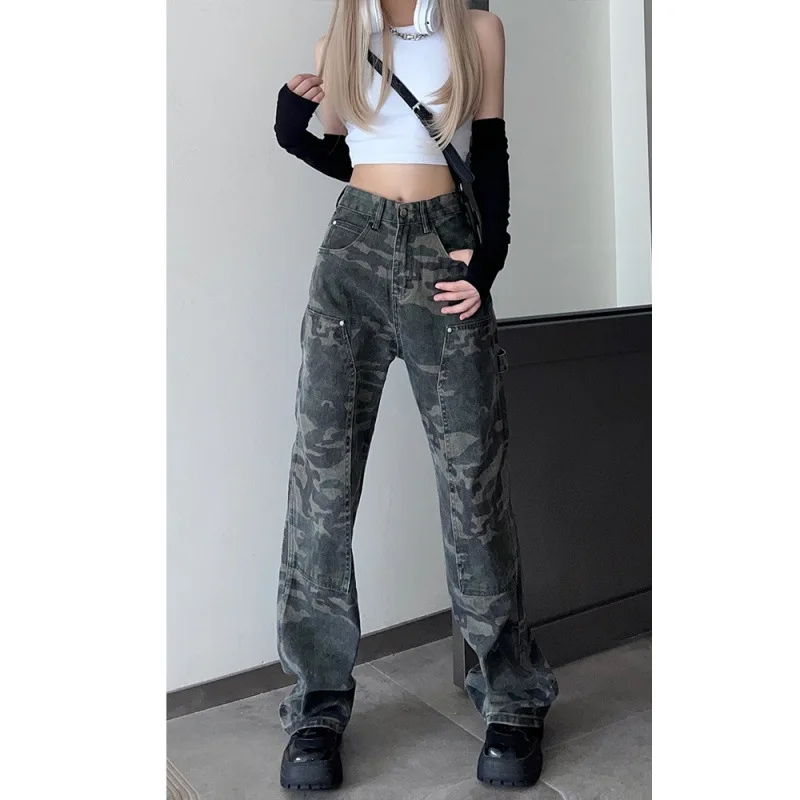 Women Fashion Denim Pants High Waist Straight Leg Baggy E-Girls Boyfriend Jeans Trousers Streetwear