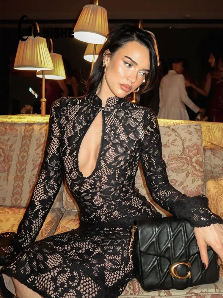 CNYISHE Lace Hollow Out Elegant Bodycon Sheath Party ชุดเดรสสตรีแขนยาวชุดเซ็กซี่คลับแฟชั่นหญิง Vestidos Robes