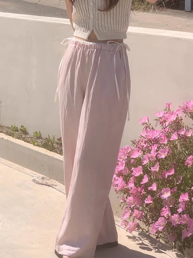 Eleganckie spodnie damskie z wysokim stanem, szerokie nogawki, na wiosnę i lato, odmładzające, kolorowe, z wiązaniem, długie spodnie z paskiem.