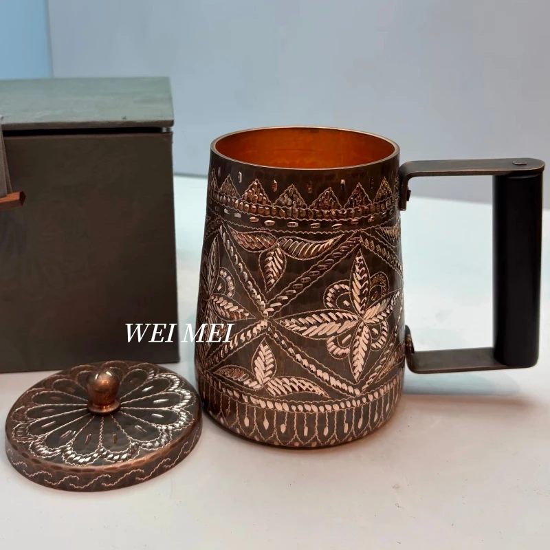 Vintage Pure Copper Coffee Mug,Handcrafted Unique Pattern Random With lid 450 ml Handle Cold Drink Cup,Gifts Tea Cup Drinkware