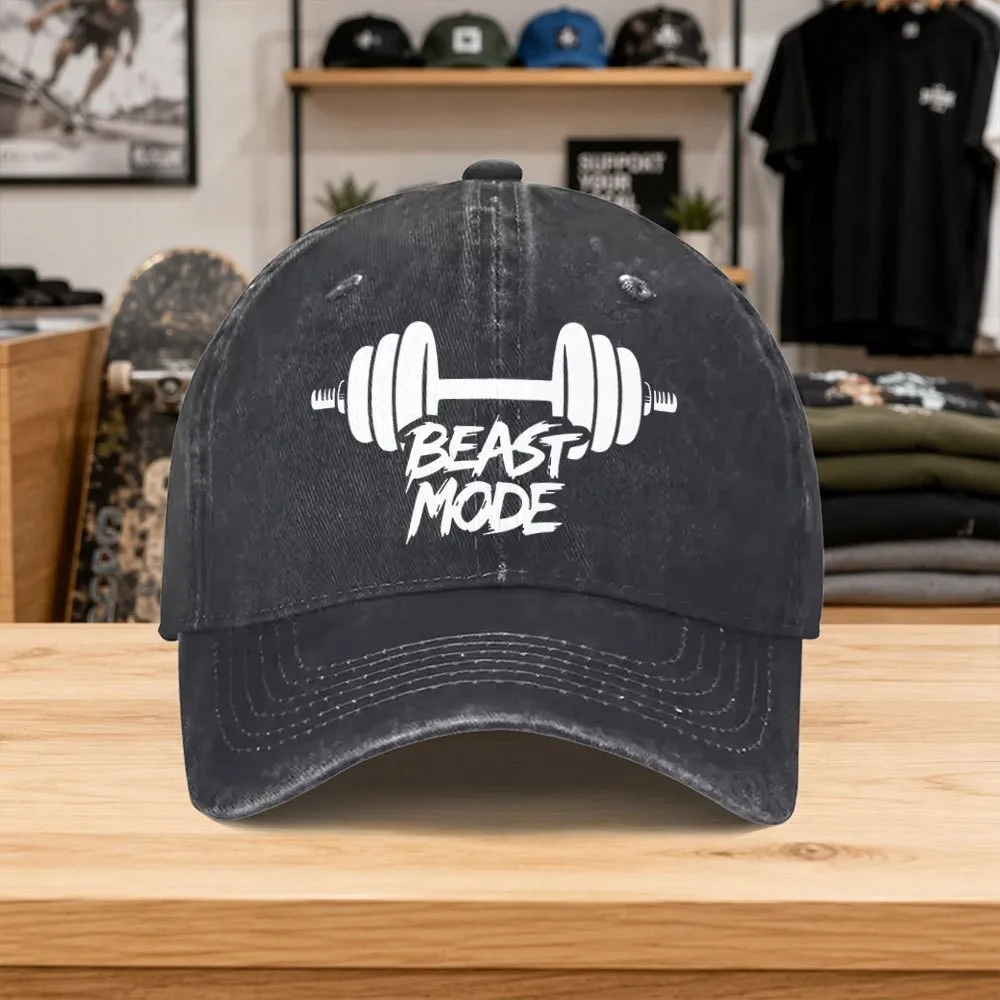 BEAST-MODE-Barbell-Print-Baseball-Cap-for-Men-Women-Washed-Cotton-Gym-Outdoor-Adjustable-Hat
