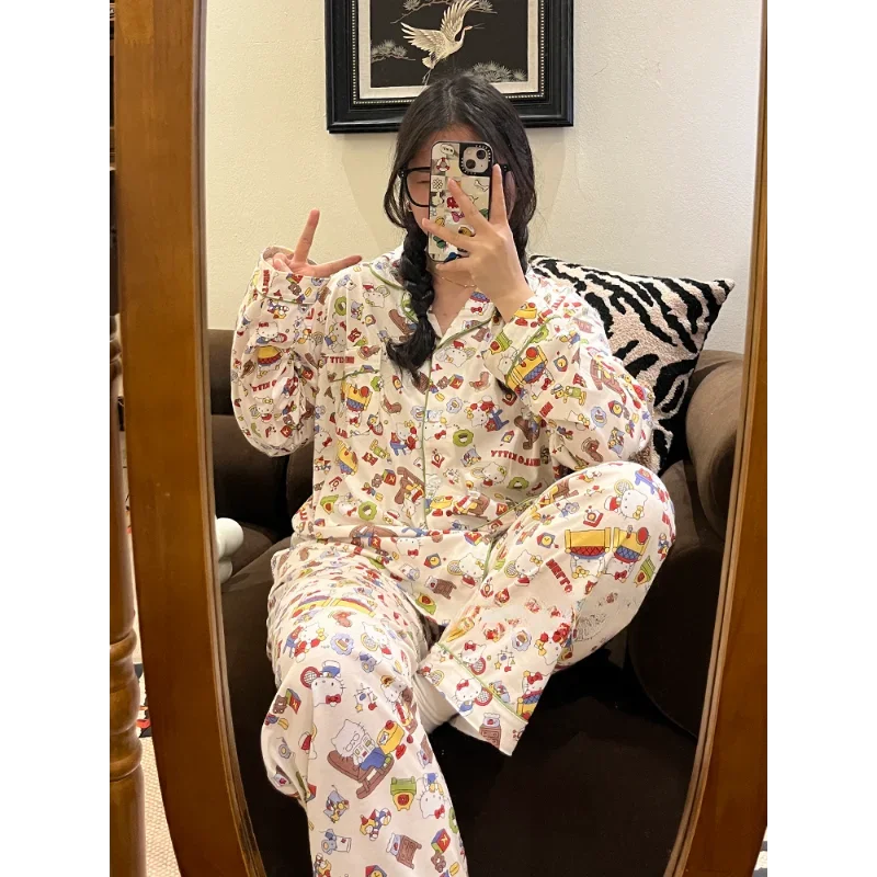 Sanrio new Hello Kitty silk pajamas female cute cartoon comfortable cool breathable light home women\'s pajamas three-piece set