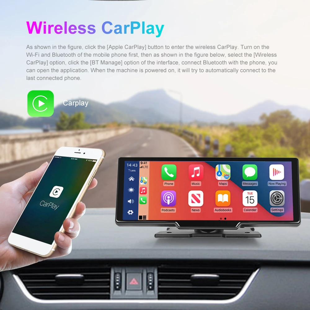 Podofo 9.3Inch Car DVR Smart Player Wireless Carplay & Android Auto With Voice Control Suppport Rear Camera BT FM Dash Cam