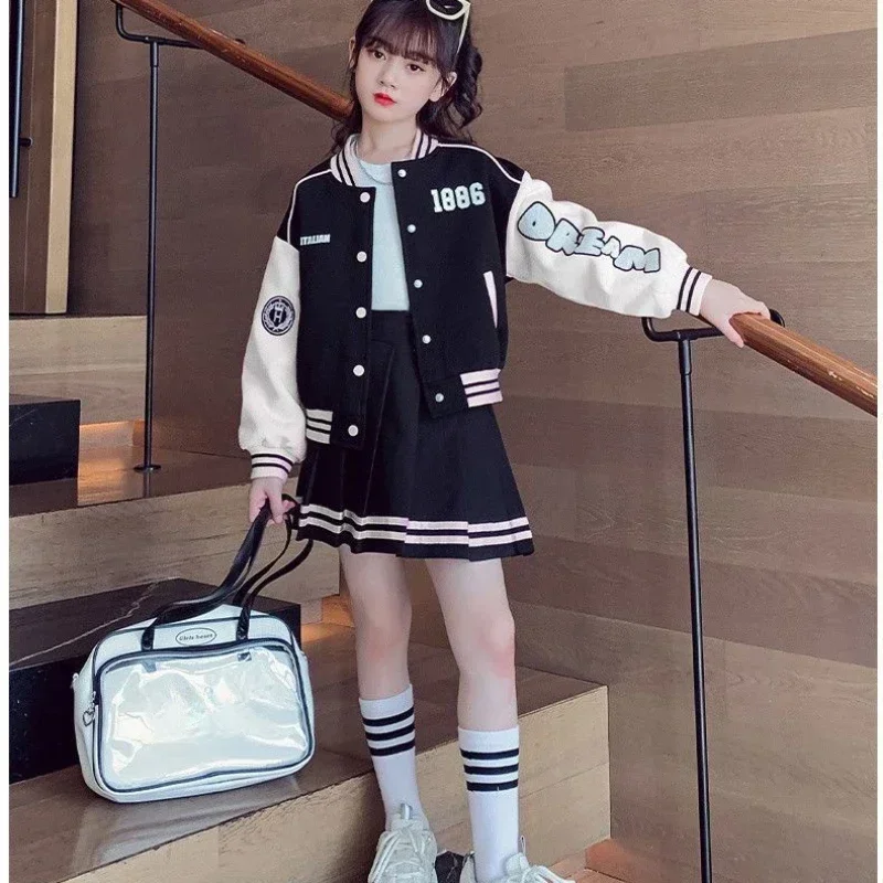 Autumn Children Girl Clothes Baseball Jacket Uniform Coat and Pleated Skirt 2pcs Letter Suit Teenage Contrast Striped Sets