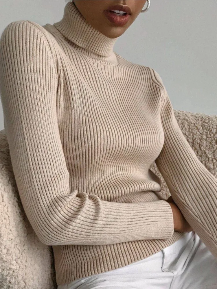 

Elegant High Neck Long Sleeve Knitted Sweater For Women Fashion Autumn Winter Solid Color Pullover Vintage Base Sweaters Female
