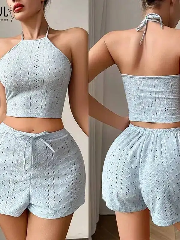 Women's New Jacquard Two-Piece Shorts Sets Halter Neck Strap Backless Sleeveless Drawstring Bow Shorts Elegant Pure Desire DPOM