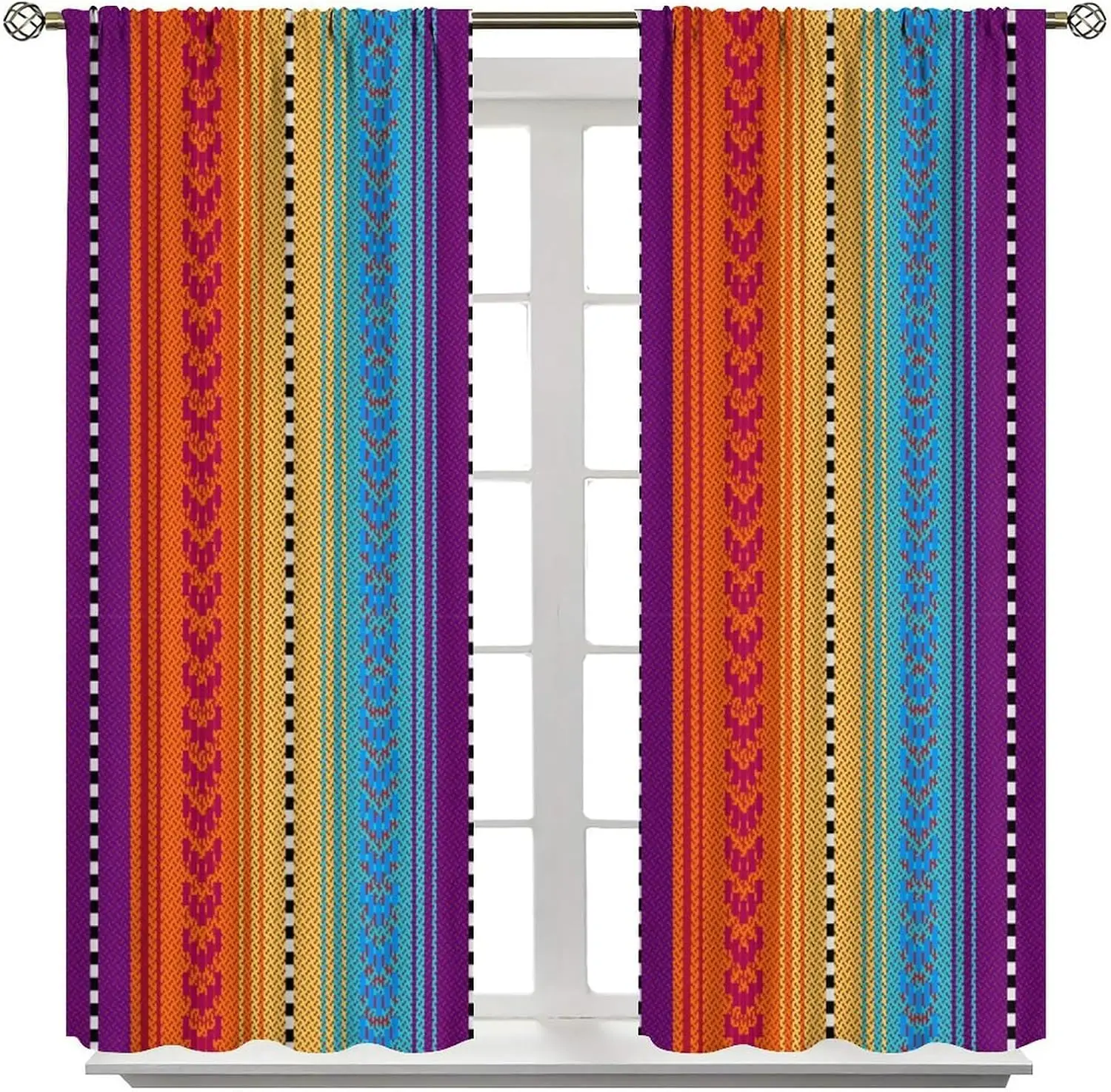 Boho Striped Curtains Pair Rainbow Colorful Indoor Window Curtain Panels Set for Living Room Bedroom Home Decor Decoration