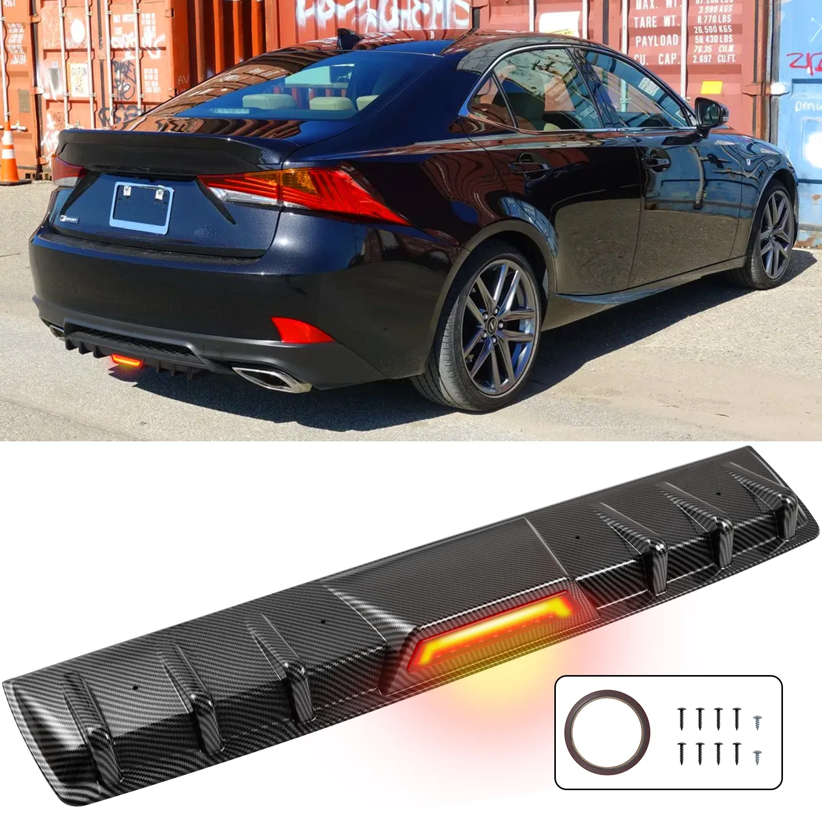 

For Lexus IS200t IS 250 300 350 F Carbon Fiber Rear Bumper Diffuser + LED Light