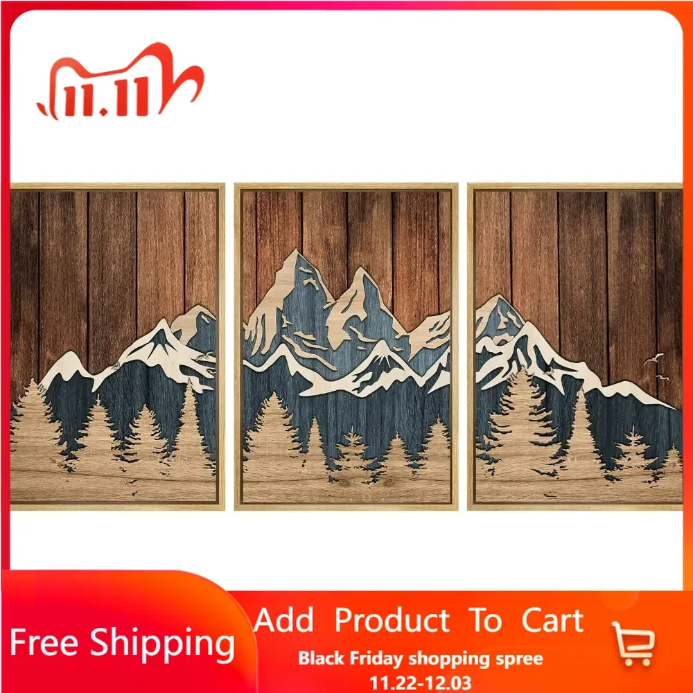 Framed Canvas Print Wall Art Set Country Wood Panel Mountain Forest Nature Wilderness Illustrations Modern Art Decorative