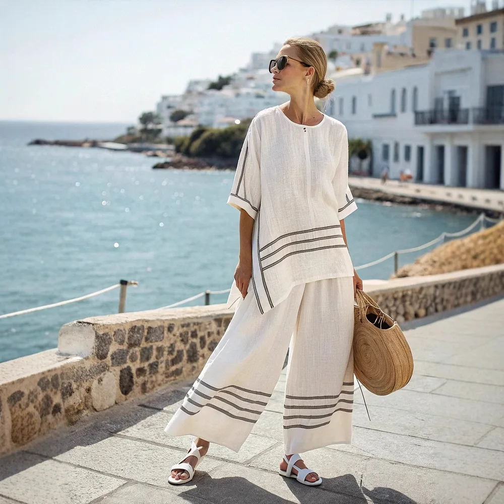 

2025 summer womens new striped print half-sleeved top wide-leg loose trousers casual women's versatile style trousers loose suit
