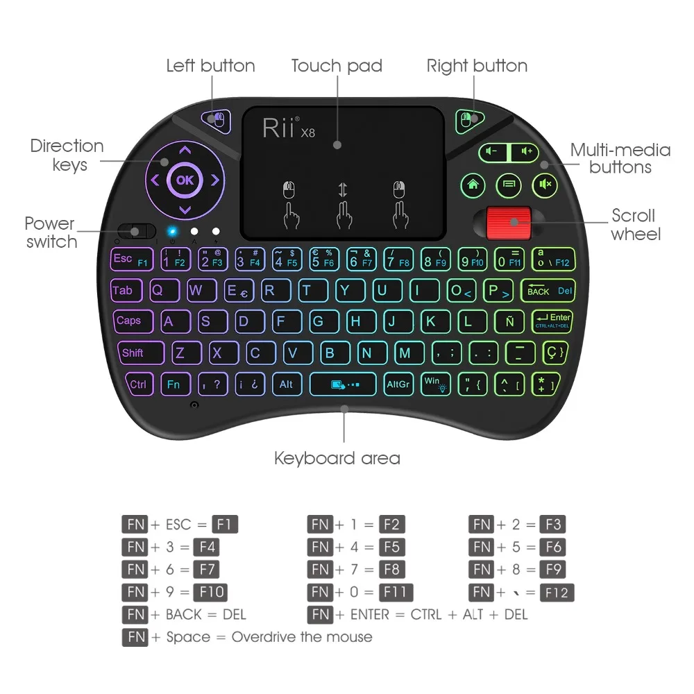 Rii-teclado inalámbrico X8 de 2,4 GHz con panel táctil retroiluminado para PC/Android TV box/IPad