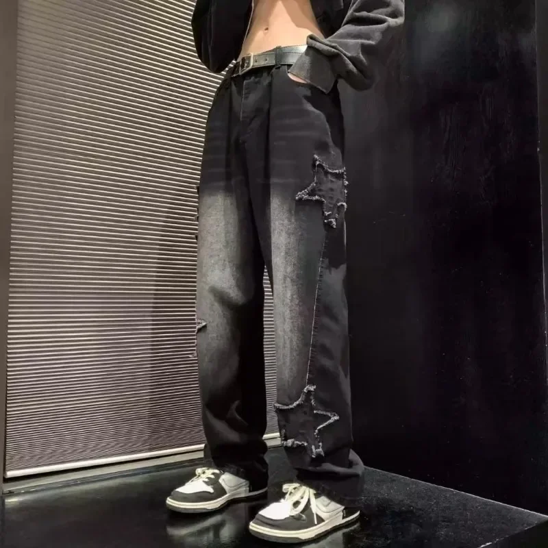 2025 موضة جديدة نجوم منشفة التطريز البني الرجال الجينز السراويل Y2K الملابس مستقيم الهيب هوب سراويل قطنية بنطلونات أوم #4