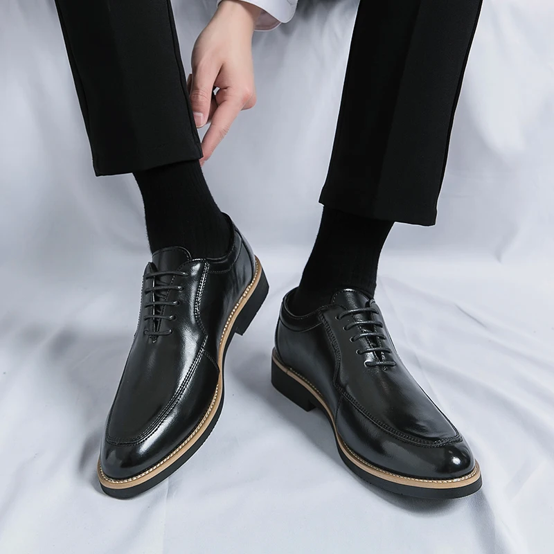 

Fashionable Men's Dress Shoes Heightening Design Casual Black Leather Shoes Trendy Wedding Shoes Retro British Style Business