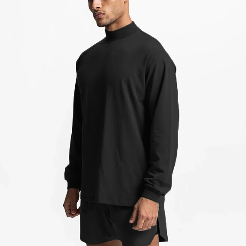 Oversized Long Sleeve Running T-shirts Mens Turtleneck Dropped Shoulder Loose Sports Fitness T Shirt Gym Bodybuilding Tops Tees