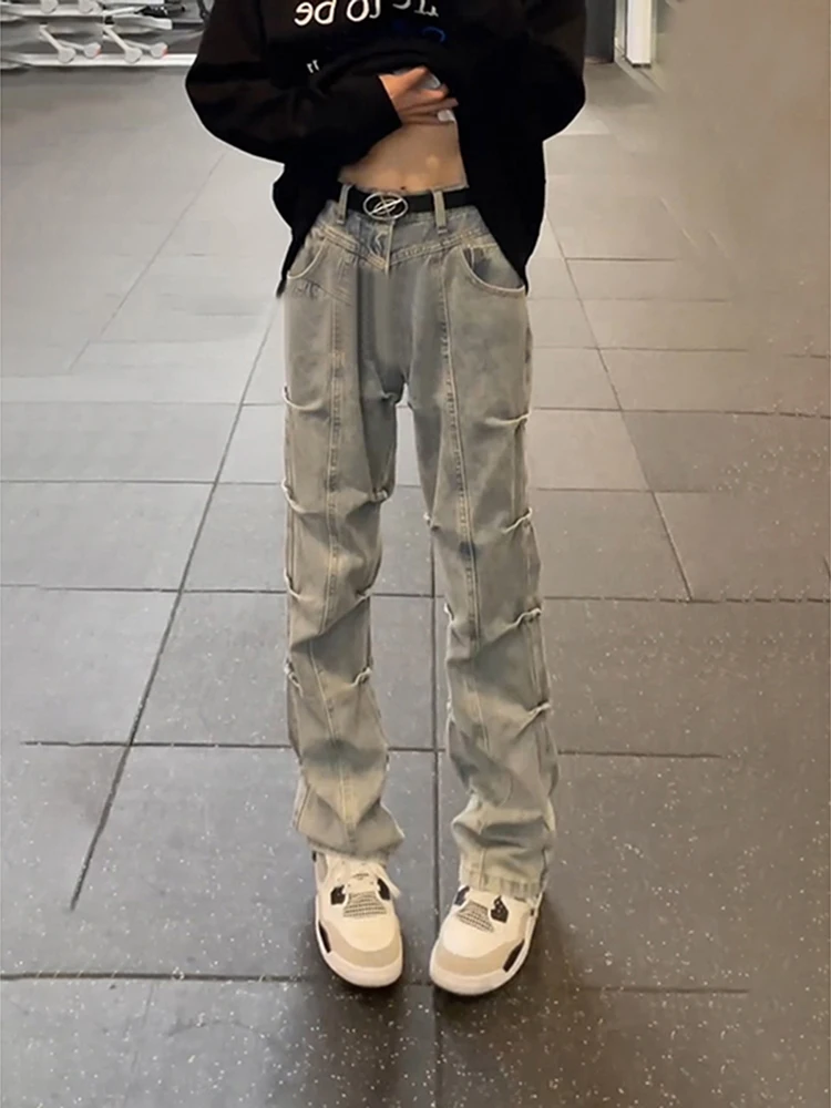 

American Folded Bell Bot Jeans Men Summer Faion Straight Leg Workwear Long Pants Worn Resistant Low Waist Denim Jeans