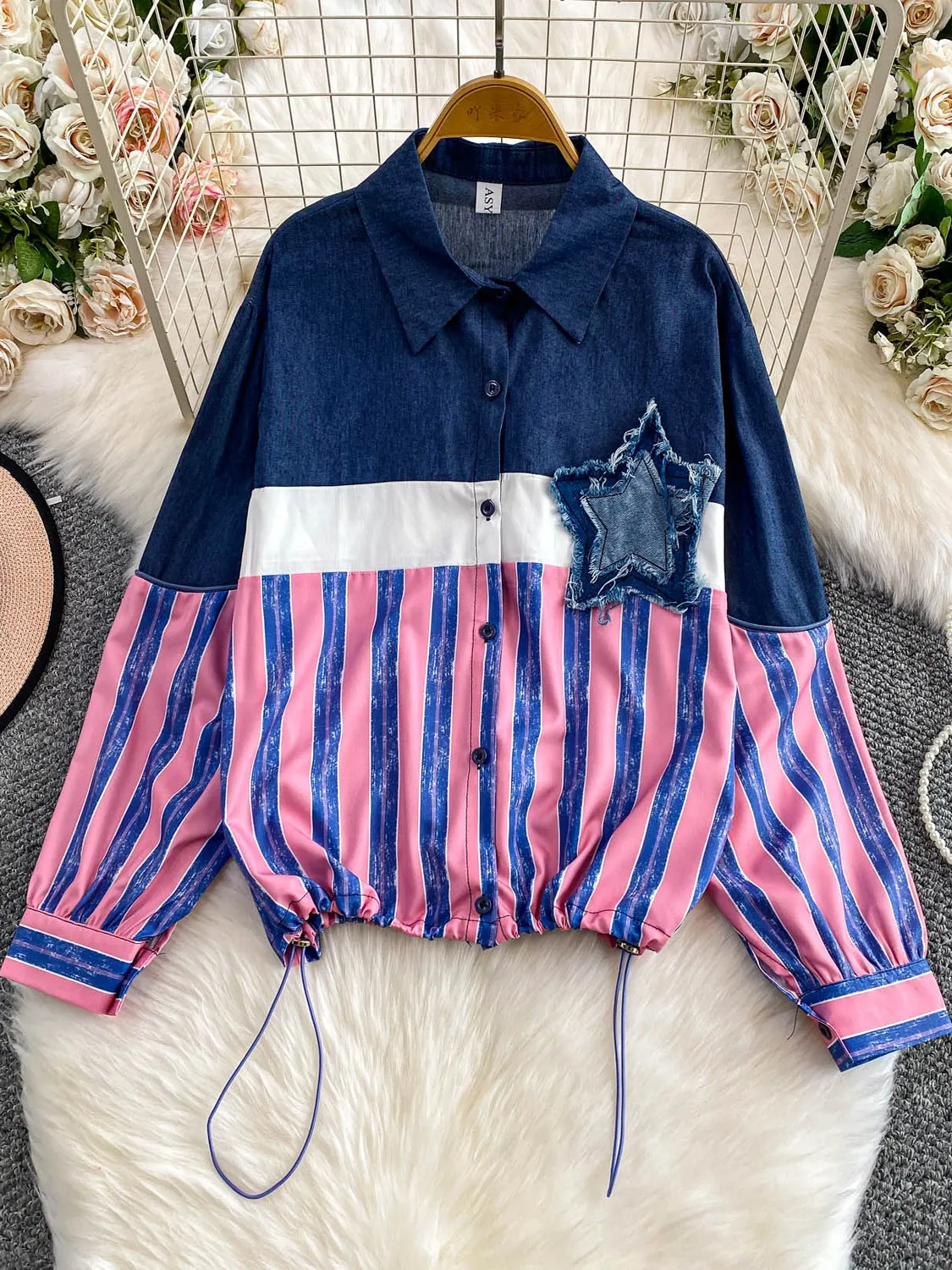 Mulheres azul listrado estrela retalhos denim jaqueta vintage manga longa jean jaqueta harajuku coreano outerwear topo 2000s roupas 2025