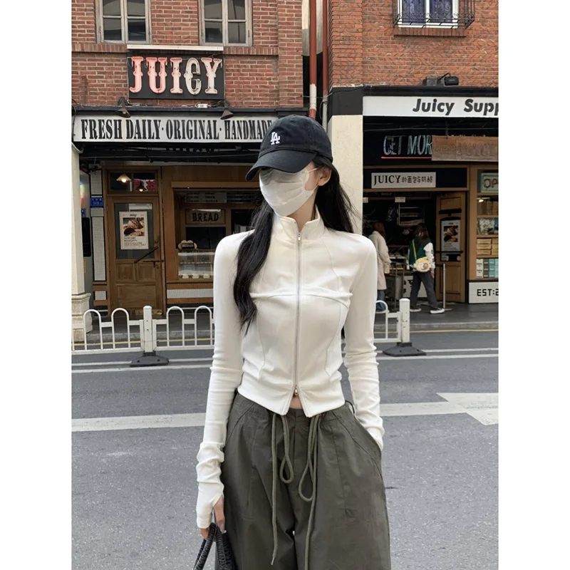 Fish Bone Zipper Long-sleeved Cardigan T-shirt Jacket Women's Early Autumn Solid Color Slim-fitting Short German Velvet Top