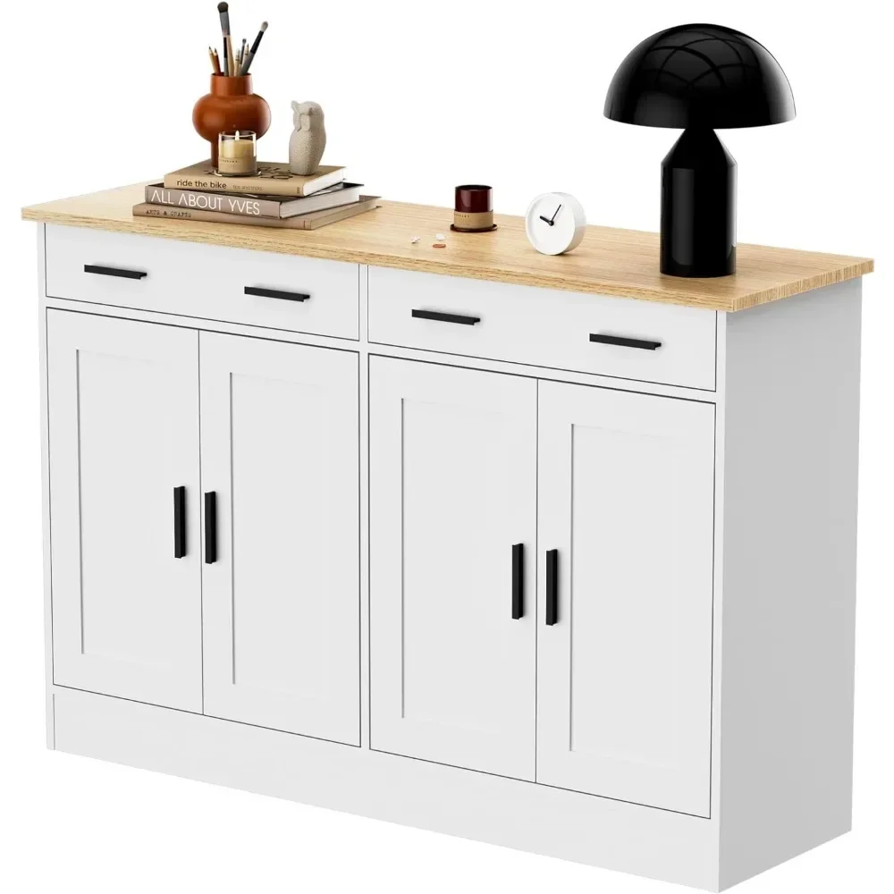 White Buffet Cabinet, Coffee Bar Cabinet with 2 Drawers & 4 Doors, Kitchen Buffet Sideboard for Living Room, Kitchen