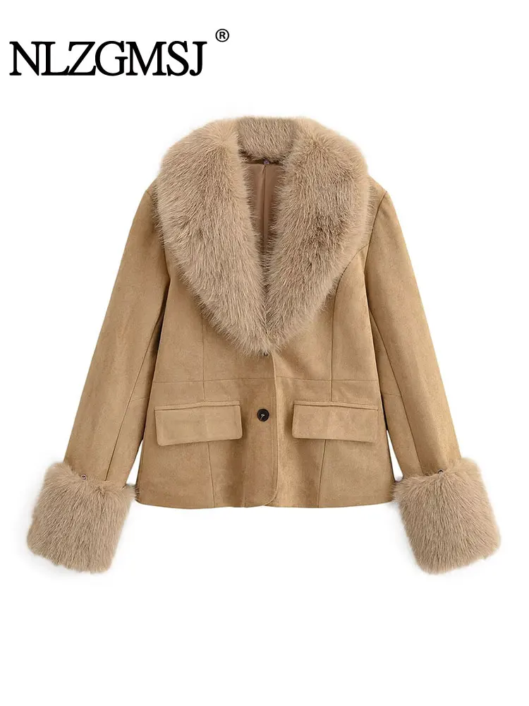 

NLZGMSJ Women Suede Jacket Autumn Winter Detachable Fur Collar Short Coats Long Sleeve Button Jackets Women High Street Coat
