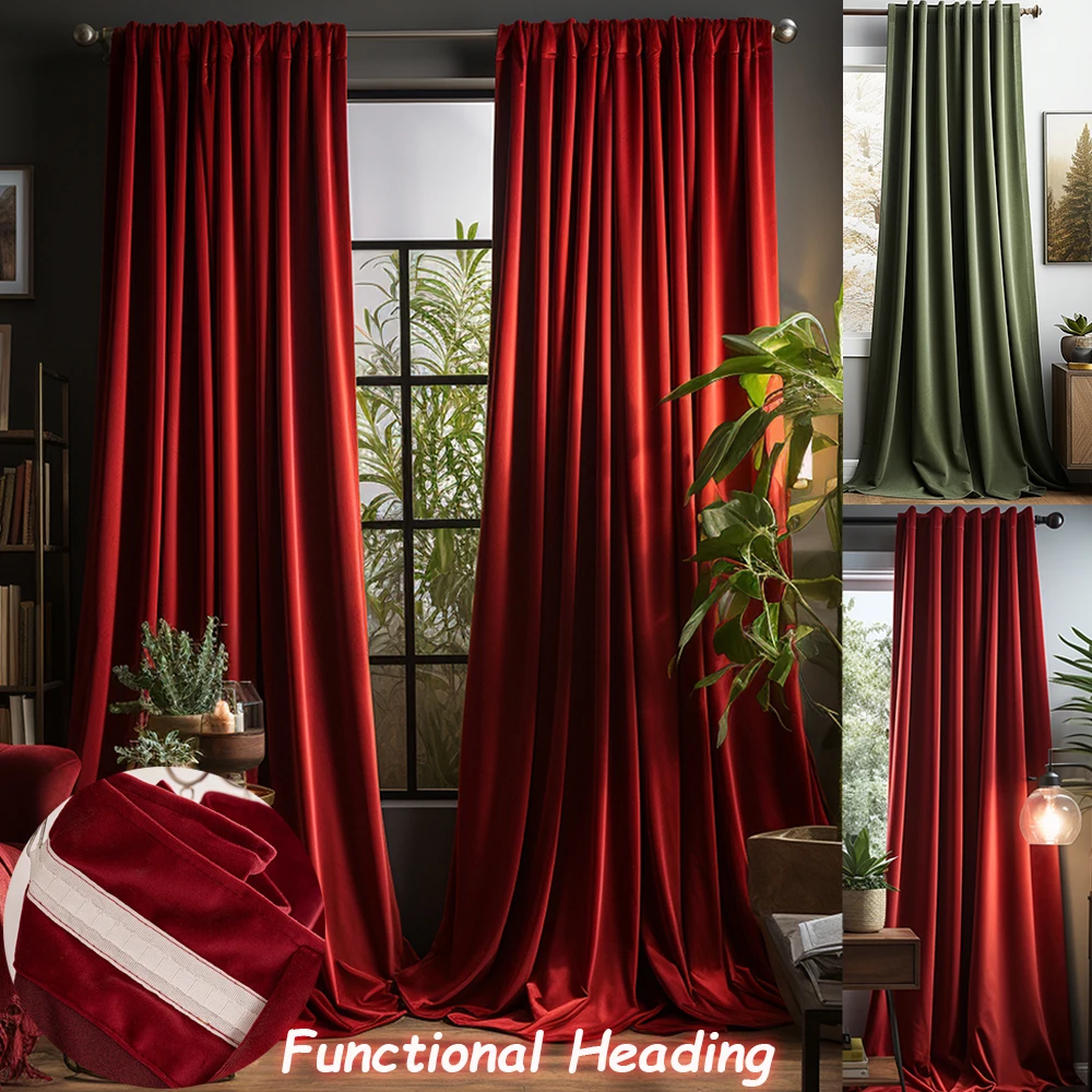 Luxury Velvet Curtains for Living Room Bedroom Retro Thicken Window Drapes Nordic Thermal Heavy Curtains Christmas Red Curtains