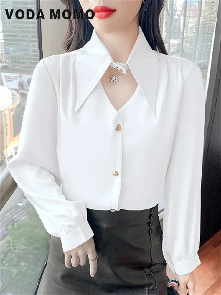 Commuting Wind New Simple Korean Vintage Satin Silk Shirt Women Fashion Blouse Elegant Female Blouse Long Sleeve Shirts Tops