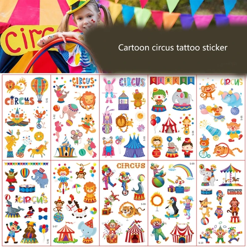 Pegatina temporal grupo circo pequeño para niños, tatuajes transferencia dibujos animados, tatuajes grupo