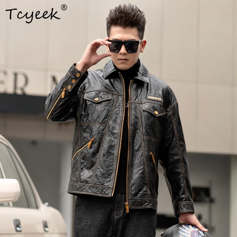 Tcyeek Real Leather Jacket Men Motocycle Jackets Spring Autumn Mens Clothes Oil Wax Sheepskin Leather Coat Jaqueta Couro 2025