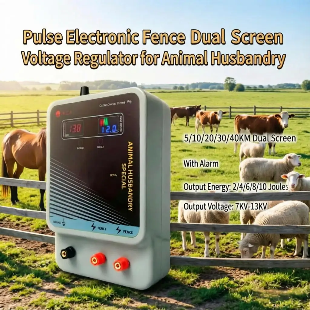 5/10/20/30/40KM 12V Adjustable Voltage Electric Fence Energizer, Livestock Transformer Controller for Horse, Cattle and Sheep