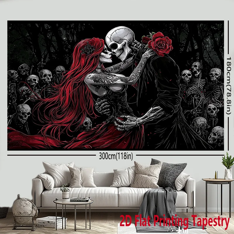 2D Flat, Skeleton Couple Kissing Red Hair Rose Gothic Horror Tapestry Halloween Wall Art Bedroom Decor Dark Fantasy Romance
