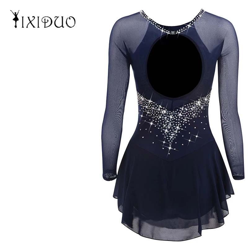 Kids Girls Shiny Sequins Rhinestone Ballet Jersey Gymnastics Leotard Tutu Dance Wear Hollow Back Figure Skating Dance Dress