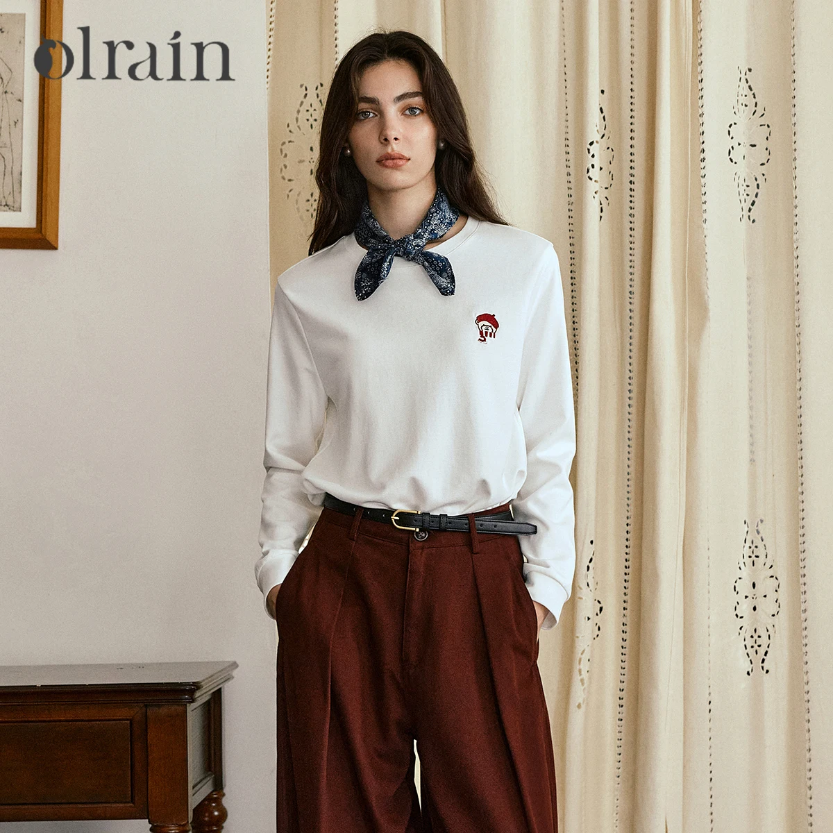 

OLrain French Women's T-Shirt 2025 Autumn Embroidery Loose Long Sleeve Pullover New Casual Knitted Top O57QT000382