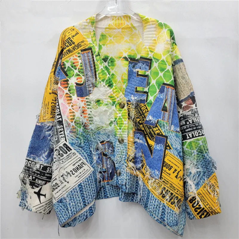 

SuperAen European and American Style High Street Coloured Drawing or Pattern Print Loose Long-sleeved Knitted Cardigan Sweaters