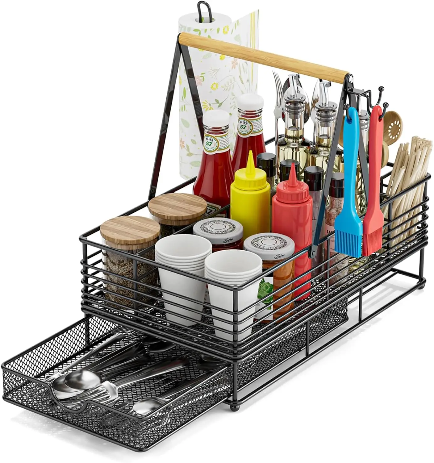 

Outdoor Grill Caddy with Paper Towel Holder, 2-Layer Camping Organizer for BBQ, Picnic & Tailgate – Grilling Gift for Men