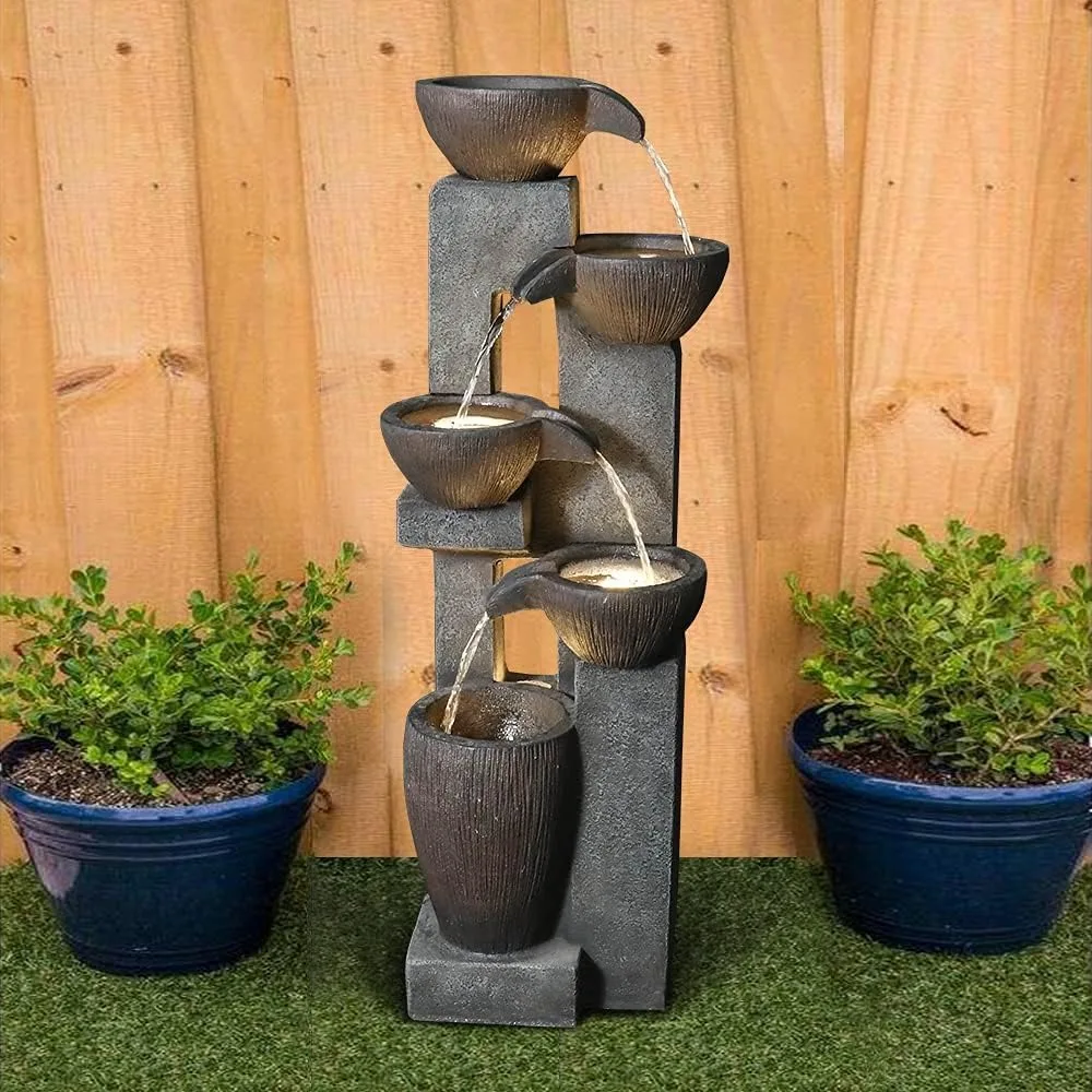 

Fountain, 5-Tier Outdoor Floor Water Fountains with LED Lights and Submersible Pump, Fountain