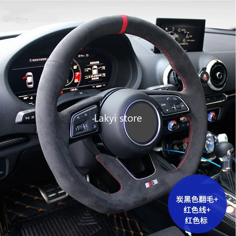 DIY Manual Sewing Black Anti-Slip Breathable Soft Fur Suede Car Steering Wheel Cover for Audi S3 A5 A7 S6 TT S5 R8 15inch 38cm