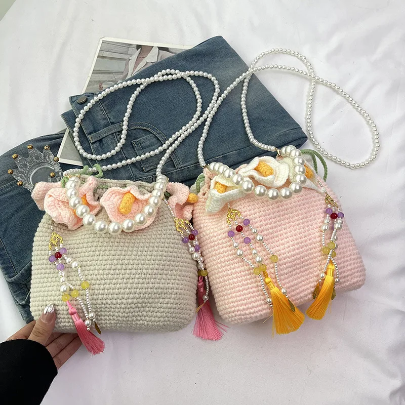 Handmade Crochet Drawstring Crossbody Bag Floral Tassel Knitted Mini Purse Faux Pearl Strap Women Shoulder Storage Pouch
