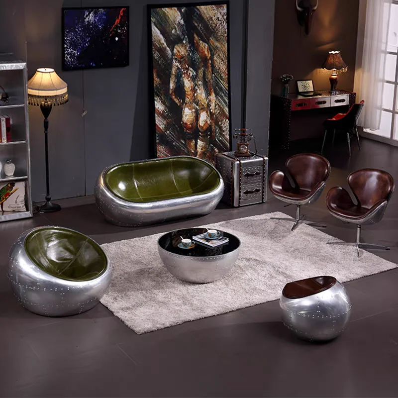 Retro Industrial Style Aluminum Leather Sofa French Office Modular Sofa Medieval Whiskey Set Sofa Chair