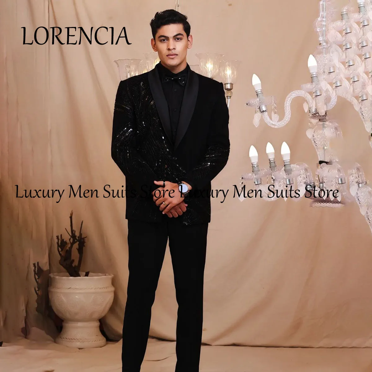 Customized Formal 2 Pieces Sets Slim Fit 2025 Beaded Men Suits Business Male Prom Party Blazers Outfits Groom Tuxedos Homme