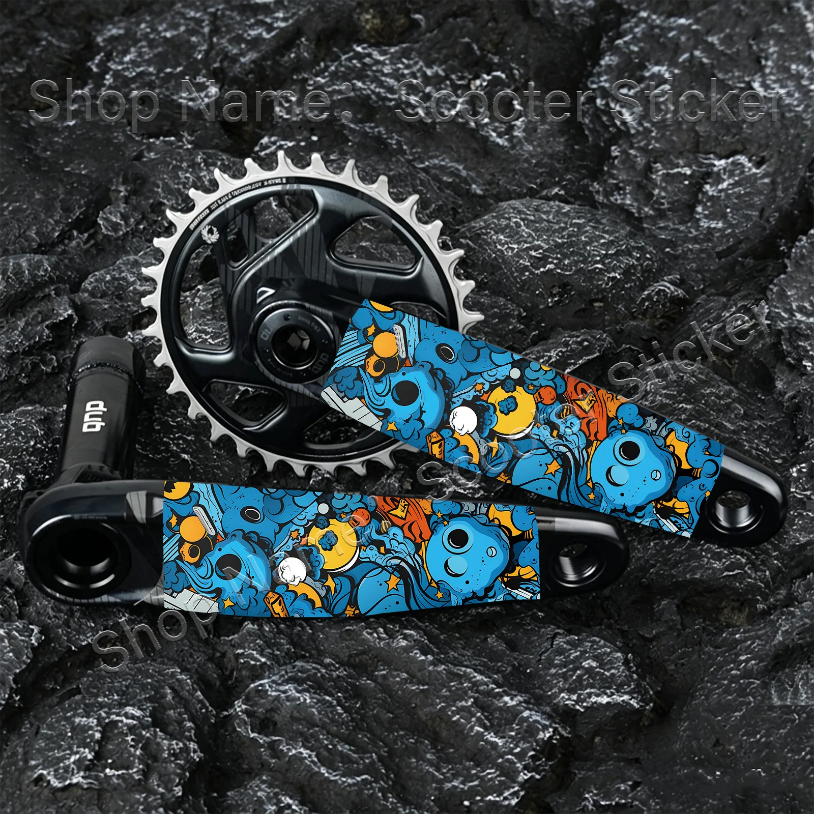 1Pair 2D Flat Blue‑Orange Cartoon Graffiti Vinyl Sticker, Waterproof Decal for MTB Road Bike Crank Arm, Holiday Gift