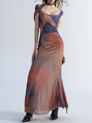 Sleeveless Backless Maxi Dress Women 2023 Summer Bodycon Elegant Sexy Tie Dye Outfits Ladies Birthday Party Club Dresses