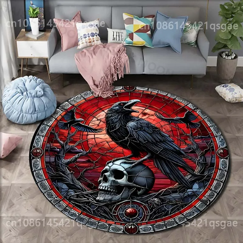 Multiple sizes Raven skull themed stained glass Print Round Carpet for Living Room Bedroom Sofa Floor Mat Area Rug Luxury Gift
