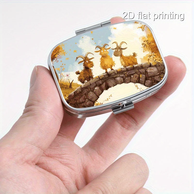 Square Small Box with Random Printed Patterns of Three Little Lambs, 2-Compartment Metal Box, Portable Small Box with Compartments, Portable Small Box for Wallets or Money, Decorative Metal Small Vitamin Storage Box, Suitable for Travel, Camping, Unique Gift