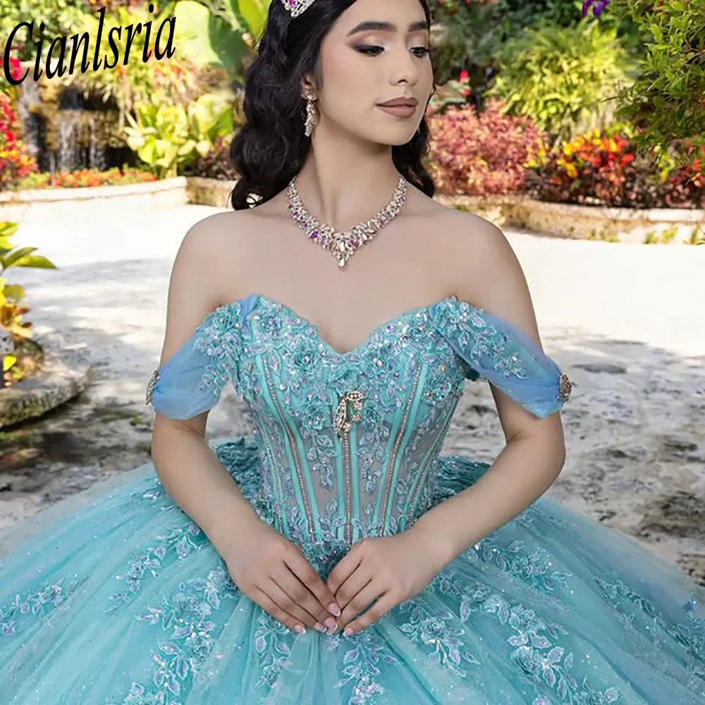 

Mint Green Tiered Ruffles Quinceanera Dresses Ball Gown Off The Shoulder Appliques Lace Sweet 15 Años Mexican Customized
