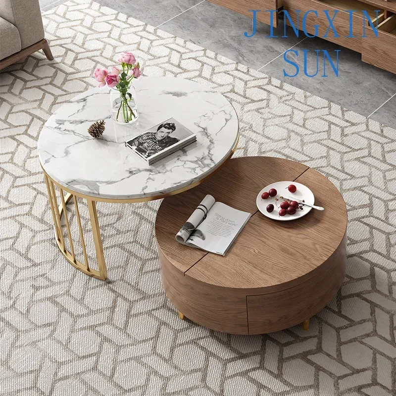 The New functional wooden storage whit Marble surface round gold coffee table