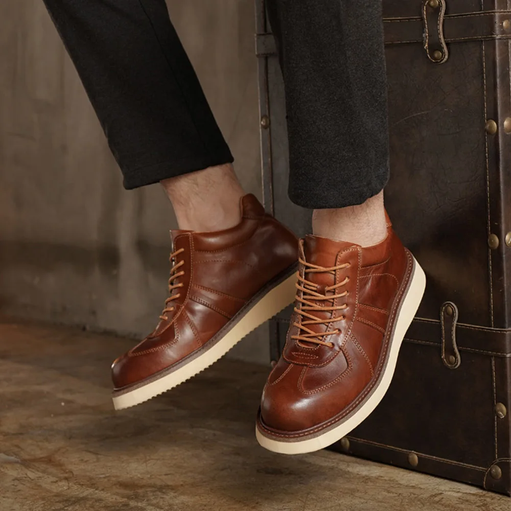 

Fashion Men's Genuine Leather Motorcycle Boots Brogue Shoes British High-top Loafers Mid-calf Thick Heel Western Cowboy Boots