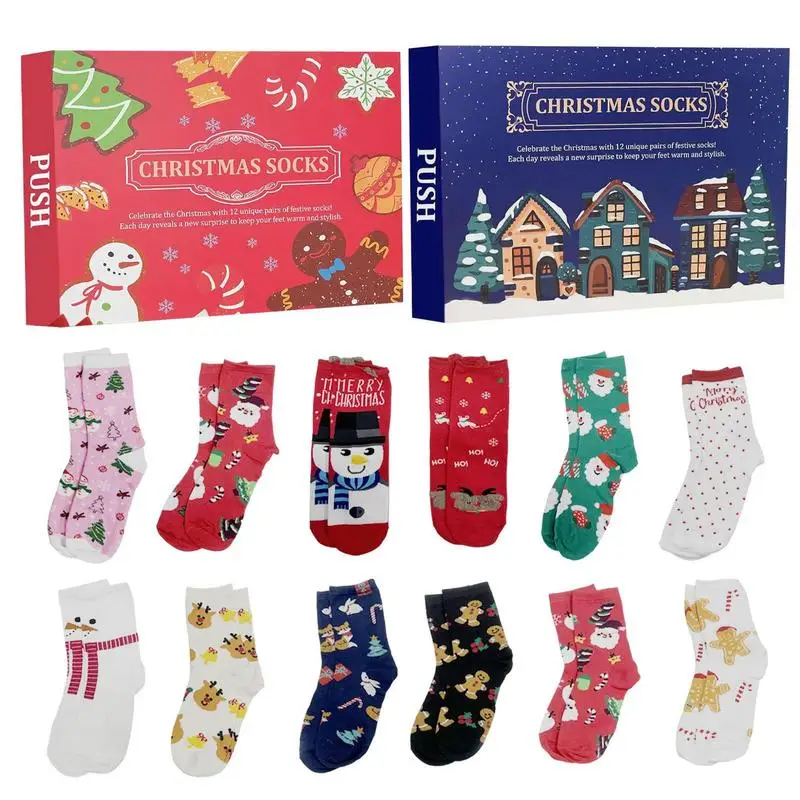 12Pairs Christmas Sock Women Printed Socks Christmas Advent Calendar Socks Bulk xmas socks Thanksgiving Crew Socks for Men